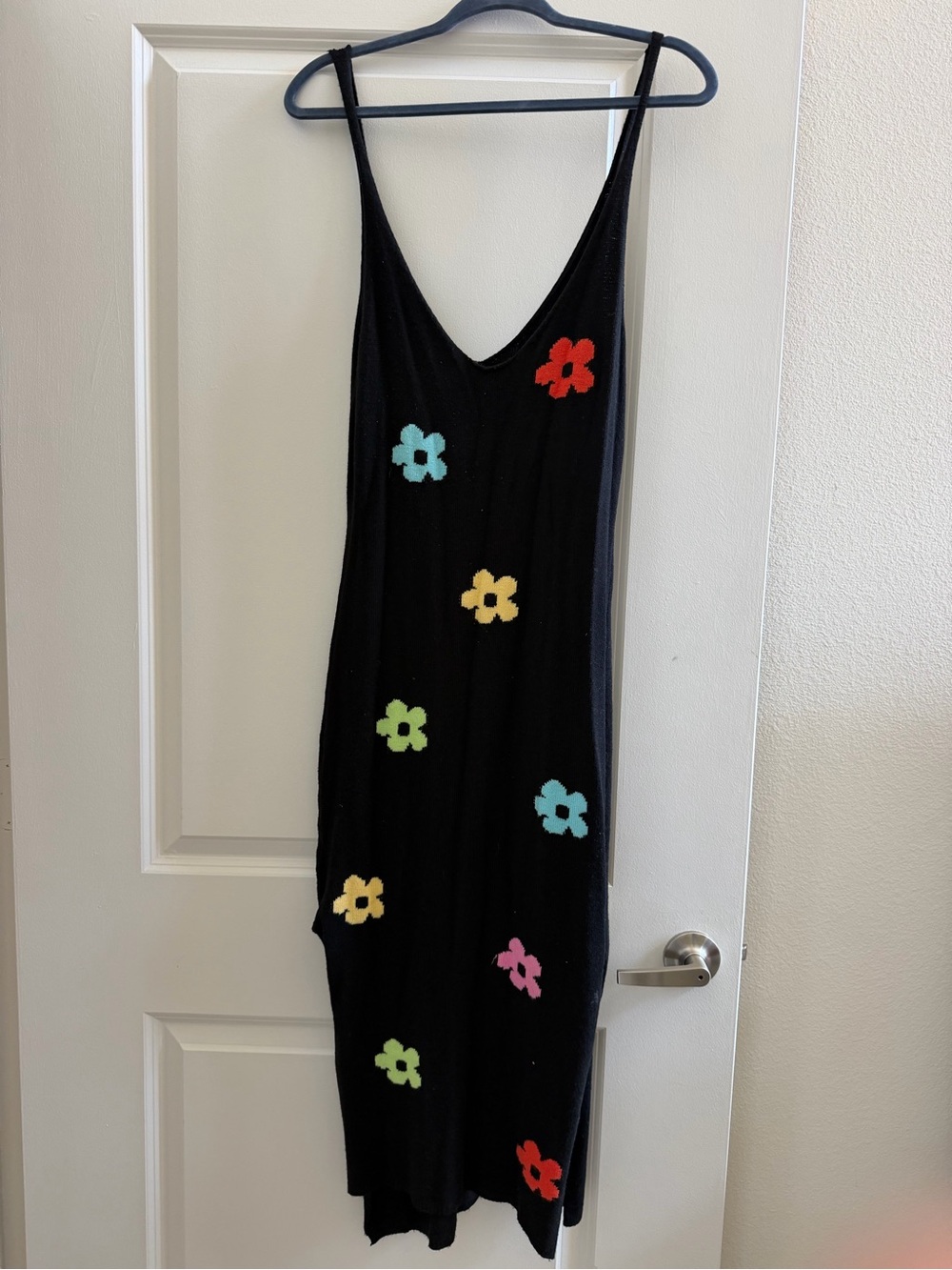 Cider Black Maxi Slip Dress with Multicolor Flower Appliqués
